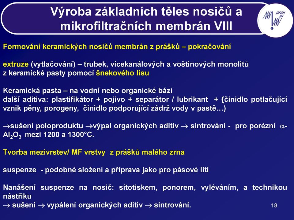 činidlo podporující zádrž vody v pastě ) sušení poloproduktu výpal organických aditiv sintrování - pro porézní - Al 2 O 3 mezi 1200 a 1300 C.