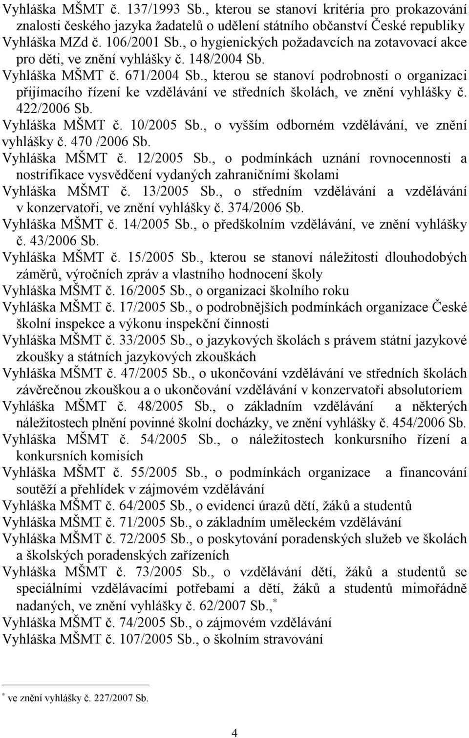 , kterou se stanoví podrobnosti o organizaci přijímacího řízení ke vzdělávání ve středních školách, ve znění vyhlášky č. 422/2006 Sb. Vyhláška MŠMT č. 10/2005 Sb.