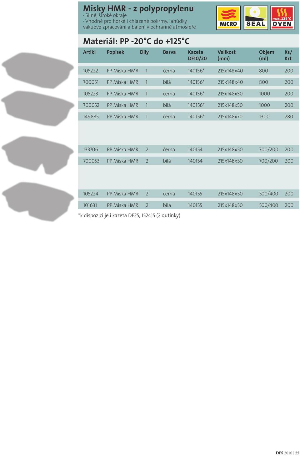 215x148x40 800 200 105223 PP Miska HMR 1 černá 140156* 215x148x50 1000 200 700052 PP Miska HMR 1 bílá 140156* 215x148x50 1000 200 149885 PP Miska HMR 1 černá 140156* 215x148x70 1300 280 133706 PP