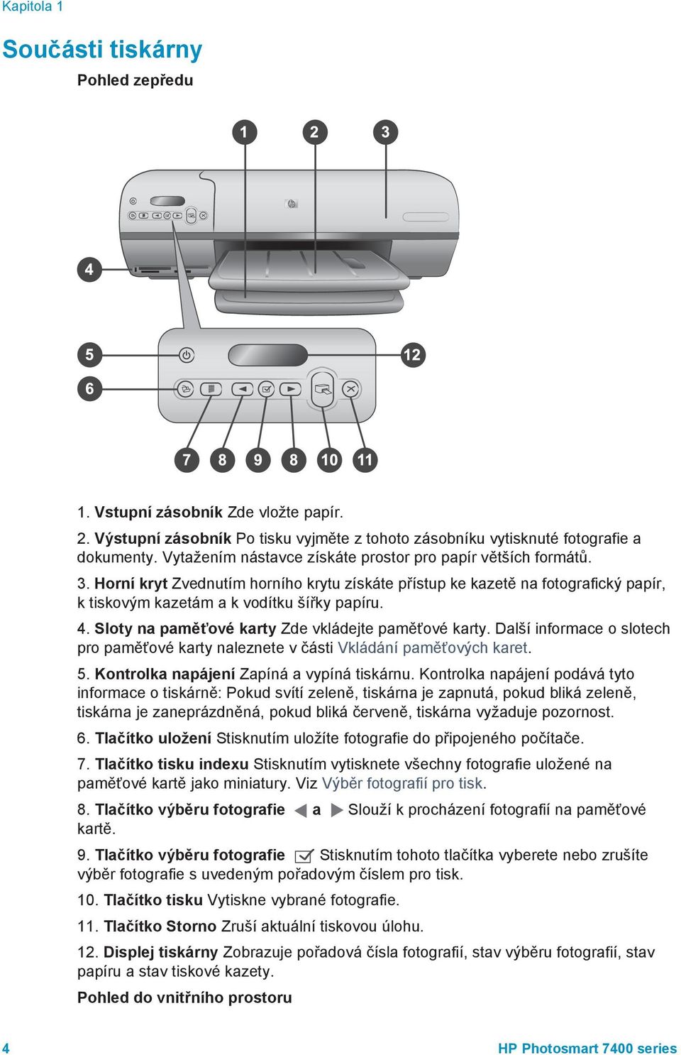 Sloty na paměťové karty Zde vkládejte paměťové karty. Další informace o slotech pro paměťové karty naleznete v části Vkládání paměťových karet. 5. Kontrolka napájení Zapíná a vypíná tiskárnu.