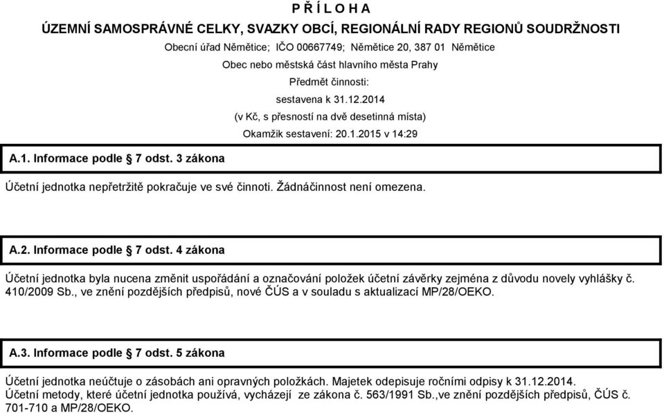 3 zákona Účetní jednotka nepřetržitě pokračuje ve své činnoti. Žádnáčinnost není omezena. A.2. Informace podle 7 odst.