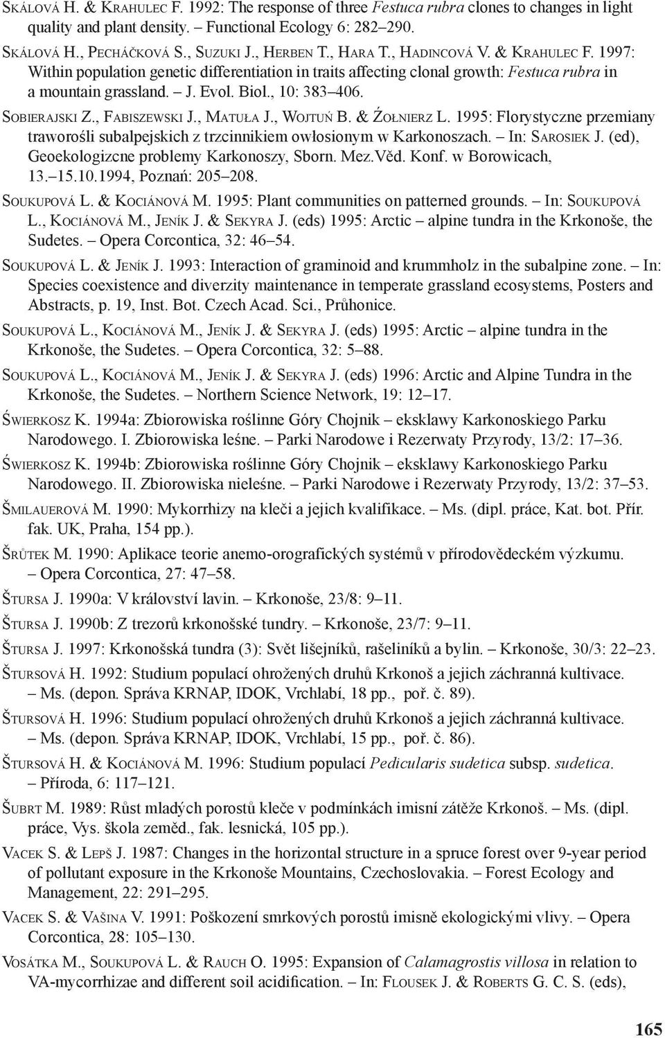 SOBIERAJSKI Z., FABISZEWSKI J., MATUŁA J., WOJTUŃ B. & ŹOŁNIERZ L. 1995: Florystyczne przemiany traworośli subalpejskich z trzcinnikiem owłosionym w Karkonoszach. In: SAROSIEK J.