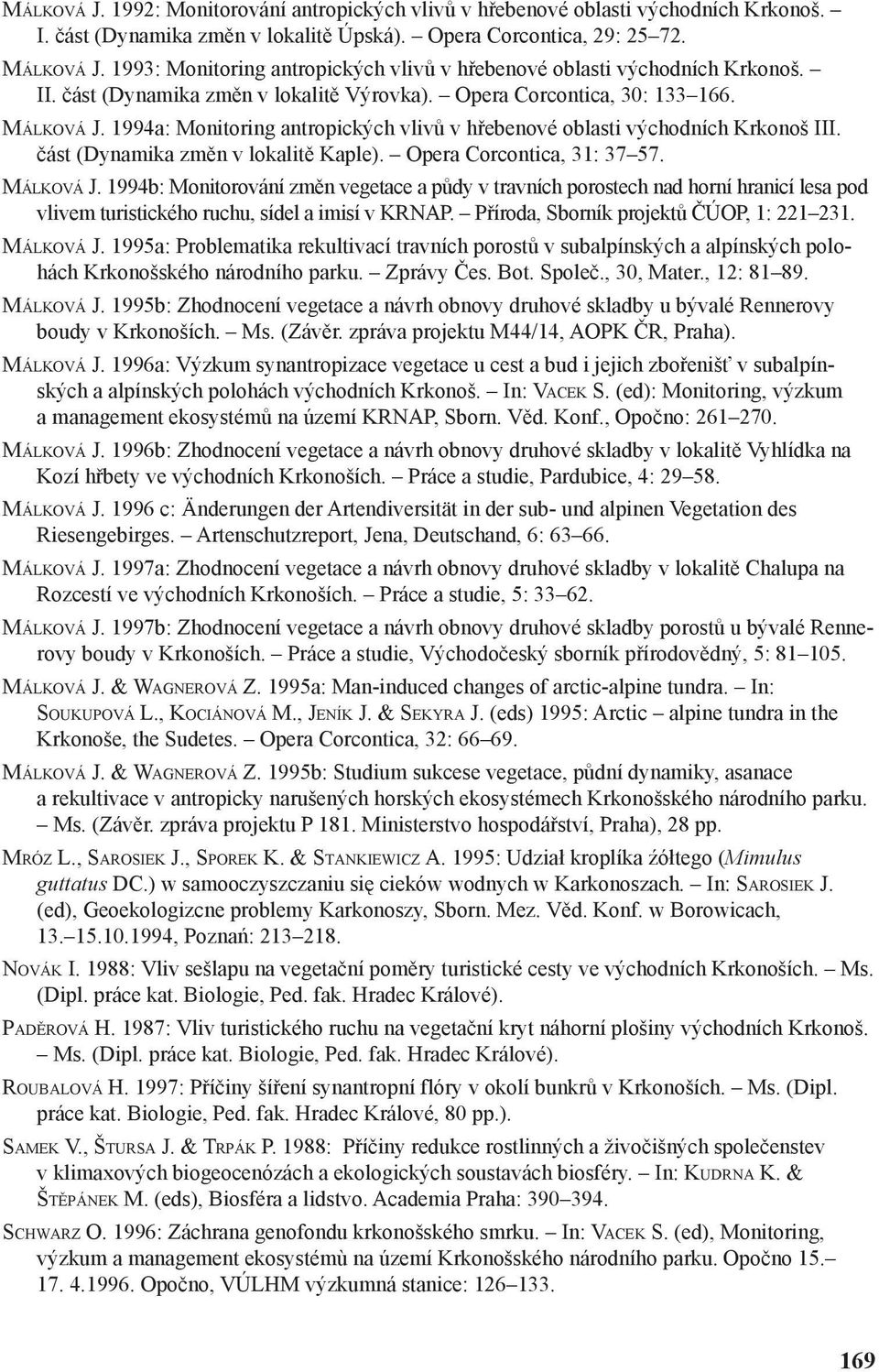 1994a: Monitoring antropických vlivů v hřebenové oblasti východních Krkonoš III. část (Dynamika změn v lokalitě Kaple). Opera Corcontica, 31: 37 57. MÁLKOVÁ J.