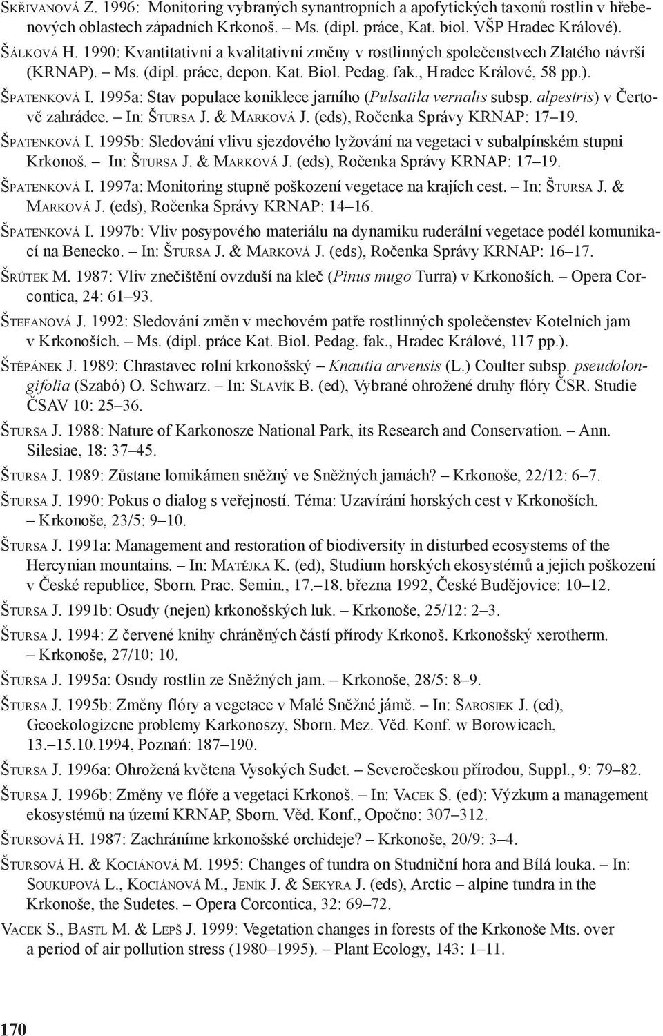 1995a: Stav populace koniklece jarního (Pulsatila vernalis subsp. alpestris) v Čertově zahrádce. In: ŠTURSA J. & MARKOVÁ J. (eds), Ročenka Správy KRNAP: 17 19. ŠPATENKOVÁ I.