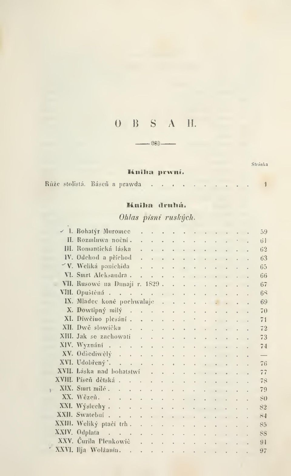 Mládec koné pociivvalujc 69 X. Dowtipný milý 70 XI. Díwino plesání 71 XII. Dw slnwíka 72 XIII. Jak se zacliowati 73 XIV. Wyznání 74 XV. Odšediwlý _ XVI.