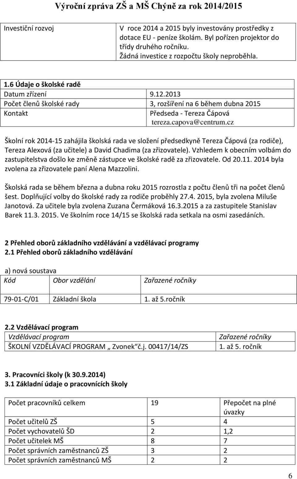 cz Školní rok 2014-15 zahájila školská rada ve složení předsedkyně Tereza Čápová (za rodiče), Tereza Alexová (za učitele) a David Chadima (za zřizovatele).