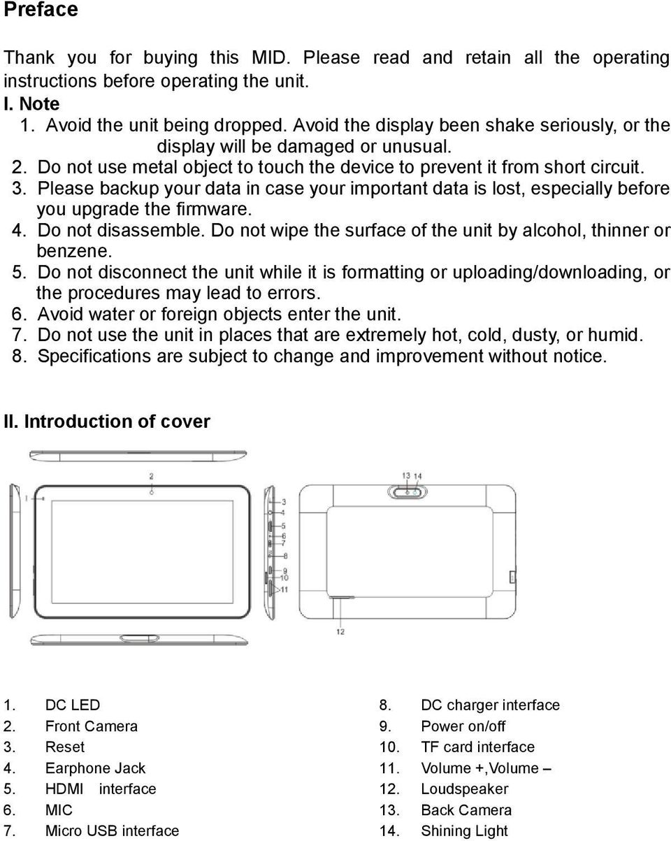 Please backup your data in case your important data is lost, especially before you upgrade the firmware. 4. Do not disassemble. Do not wipe the surface of the unit by alcohol, thinner or benzene. 5.