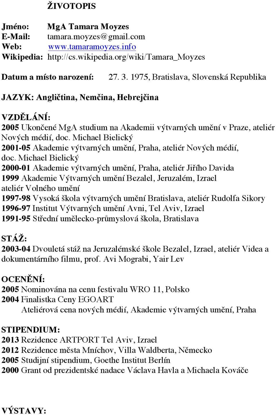 Michael Bielický 2001-05 Akademie výtvarných umění, Praha, ateliér Nových médií, doc.