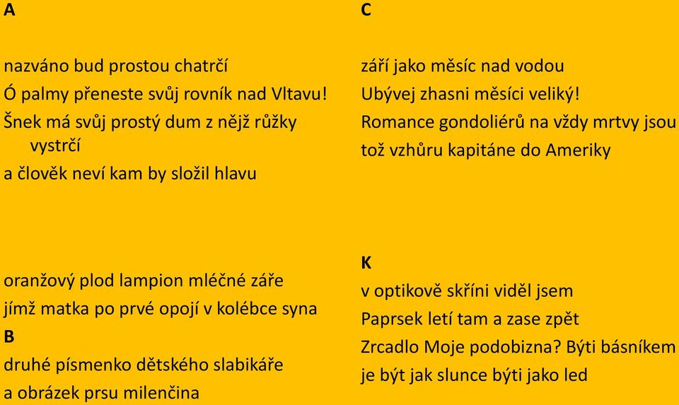 Romance gondoliérů na vždy mrtvy jsou tož vzhůru kapitáne do Ameriky oranžový plod lampion mléčné záře jímž matka po prvé opojí v