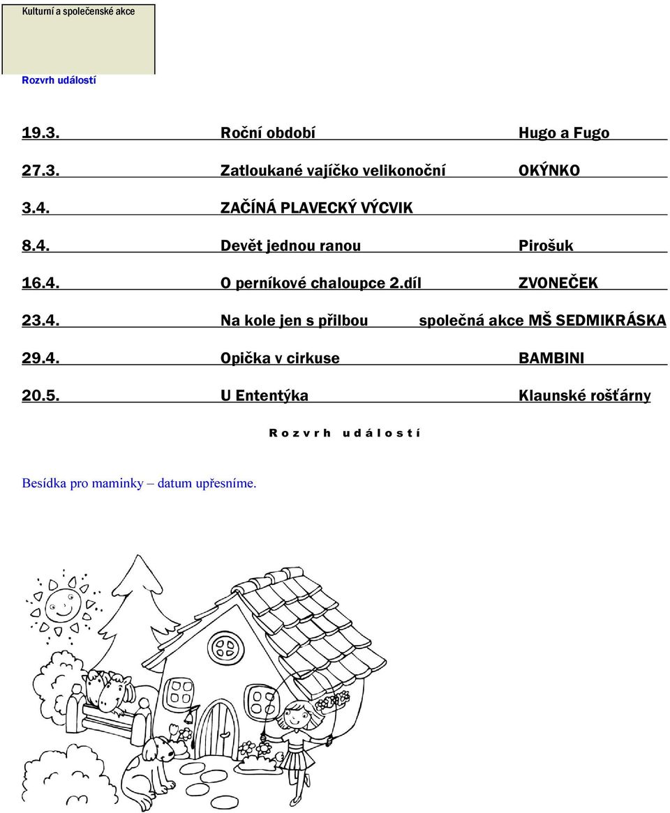 díl ZVONEČEK 23.4. Na kole jen s přilbou společná akce MŠ SEDMIKRÁSKA 29.4. Opička v cirkuse BAMBINI 20.