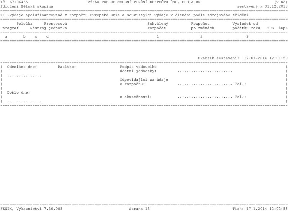 3 Okamžik sestavení: 17.01.2014 12:01:59 Odesláno dne: Razítko: Podpis vedoucího účetní jednotky:.