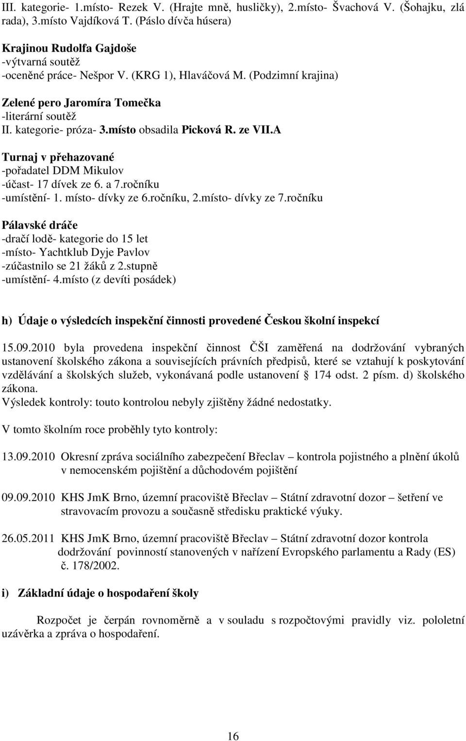 kategorie- próza- 3.místo obsadila Picková R. ze VII.A Turnaj v přehazované -pořadatel DDM Mikulov -účast- 17 dívek ze 6. a 7.ročníku -umístění- 1. místo- dívky ze 6.ročníku, 2.místo- dívky ze 7.