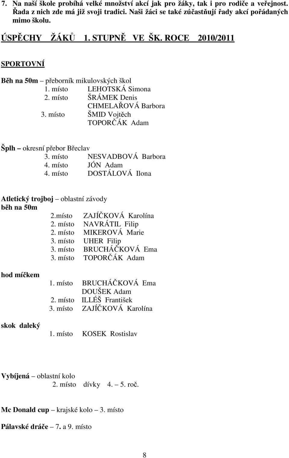 místo ŠMID Vojtěch TOPORČÁK Adam Šplh okresní přebor Břeclav 3. místo NESVADBOVÁ Barbora 4. místo JÓN Adam 4. místo DOSTÁLOVÁ Ilona Atletický trojboj oblastní závody běh na 50m 2.