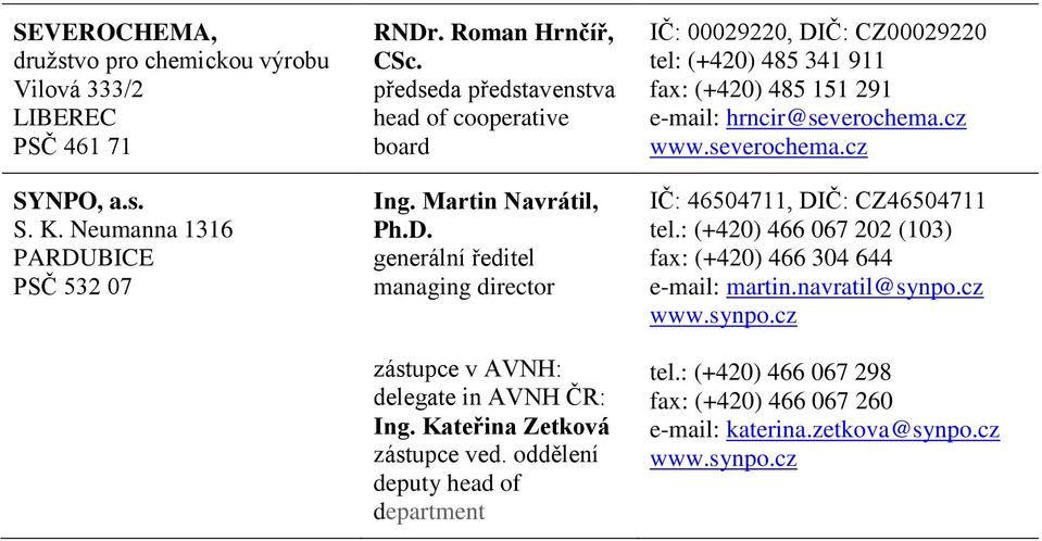 oddělení deputy head of department IČ: 00029220, DIČ: CZ00029220 tel: (+420) 485 341 911 fax: (+420) 485 151 291 e-mail: hrncir@severochema.cz www.severochema.cz IČ: 46504711, DIČ: CZ46504711 tel.