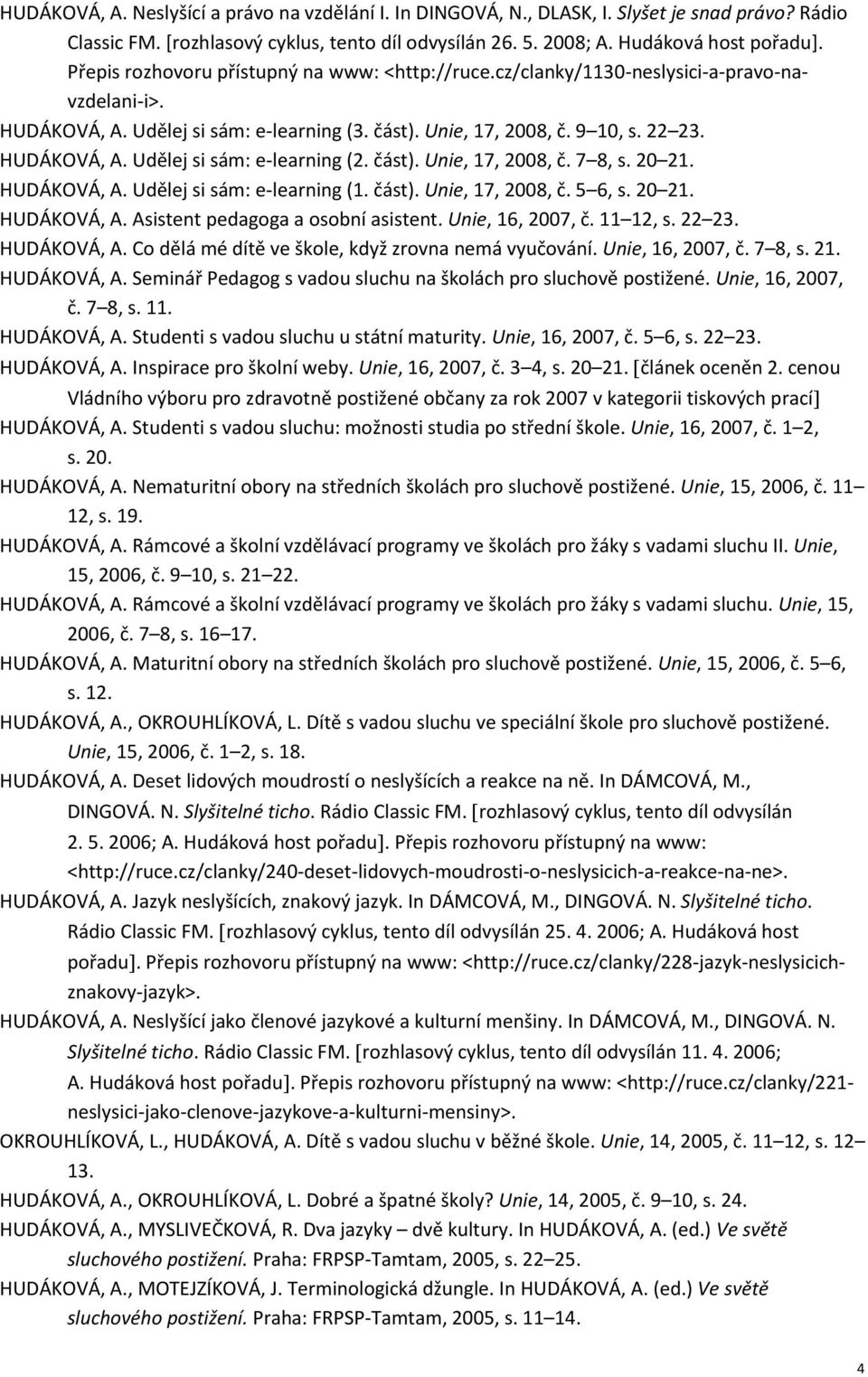 část). Unie, 17, 2008, č. 7 8, s. 20 21. HUDÁKOVÁ, A. Udělej si sám: e-learning (1. část). Unie, 17, 2008, č. 5 6, s. 20 21. HUDÁKOVÁ, A. Asistent pedagoga a osobní asistent. Unie, 16, 2007, č.