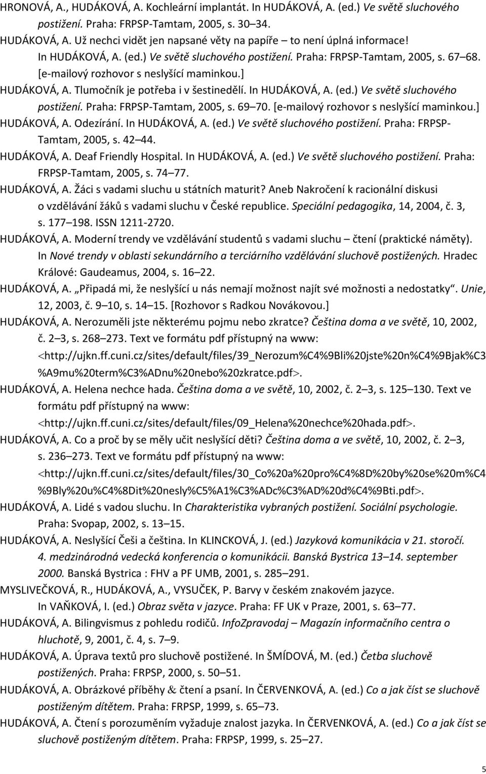 (ed.) Ve světě sluchového postižení. Praha: FRPSP-Tamtam, 2005, s. 69 70. [e-mailový rozhovor s neslyšící maminkou.] HUDÁKOVÁ, A. Odezírání. In HUDÁKOVÁ, A. (ed.) Ve světě sluchového postižení. Praha: FRPSP- Tamtam, 2005, s.