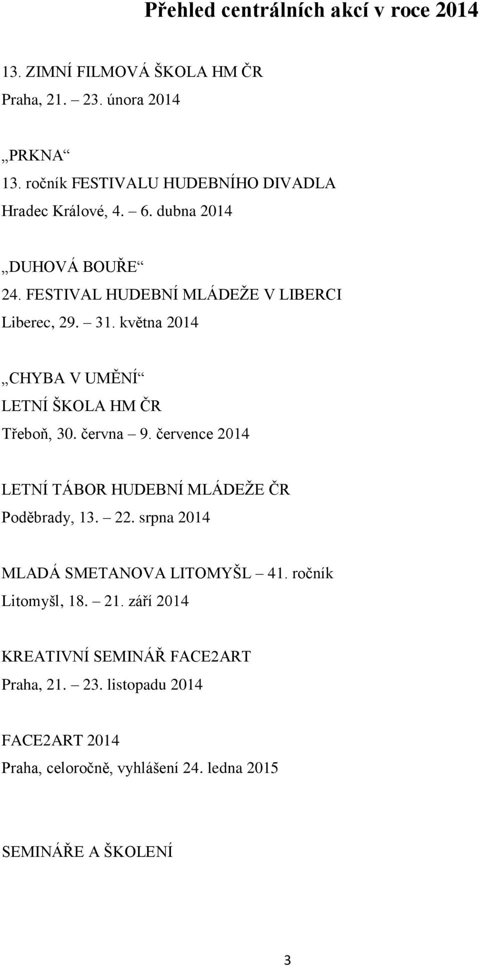 května 2014 CHYBA V UMĚNÍ LETNÍ ŠKOLA HM ČR Třeboň, 30. června 9. července 2014 LETNÍ TÁBOR HUDEBNÍ MLÁDEŽE ČR Poděbrady, 13. 22.