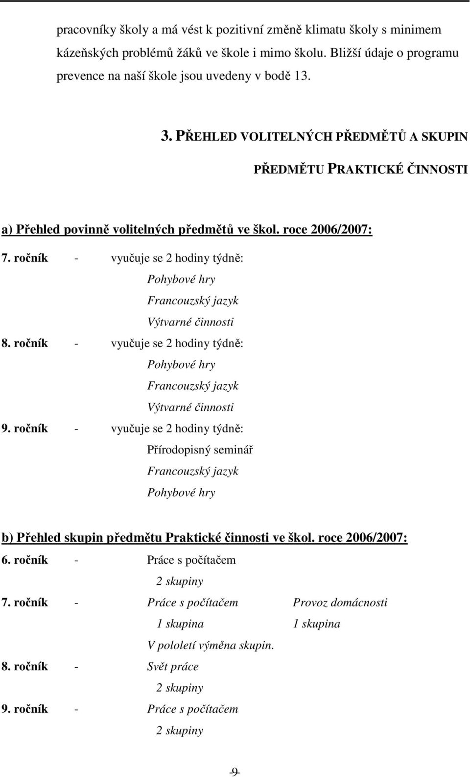 ročník - vyučuje se 2 hodiny týdně: Pohybové hry Francouzský jazyk Výtvarné činnosti 8. ročník - vyučuje se 2 hodiny týdně: Pohybové hry Francouzský jazyk Výtvarné činnosti 9.