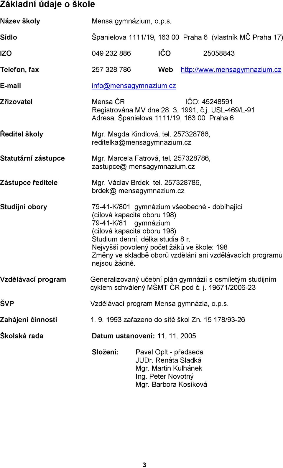 257328786, reditelka@mensagymnazium.cz Statutární zástupce Mgr. Marcela Fatrová, tel. 257328786, zastupce@ mensagymnazium.cz Zástupce ředitele Mgr. Václav Brdek, tel. 257328786, brdek@ mensagymnazium.