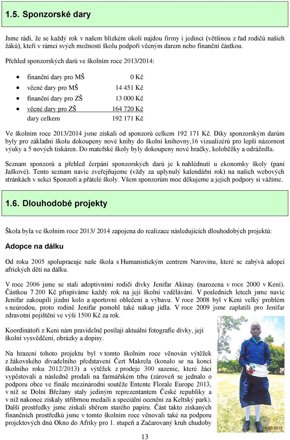 Přehled sponzorských darů ve školním roce 2013/2014: finanční dary pro MŠ 0 Kč věcné dary pro MŠ 14 451 Kč finanční dary pro ZŠ 13 000 Kč věcné dary pro ZŠ 164 720 Kč dary celkem 192 171 Kč Ve