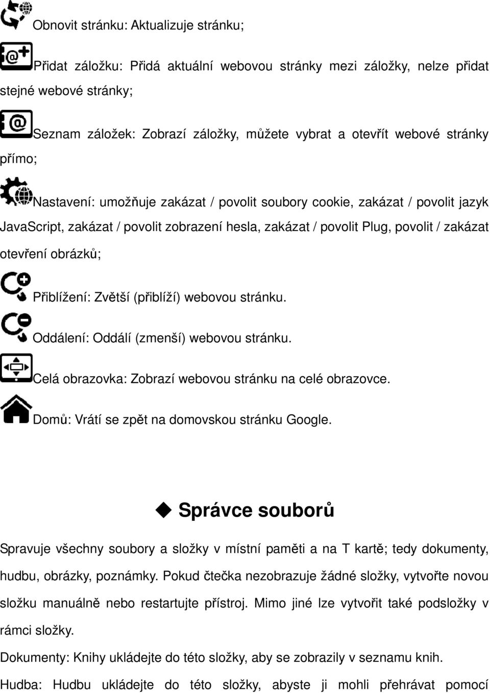 Přiblížení: Zvětší (přiblíží) webovou stránku. Oddálení: Oddálí (zmenší) webovou stránku. Celá obrazovka: Zobrazí webovou stránku na celé obrazovce. Domů: Vrátí se zpět na domovskou stránku Google.