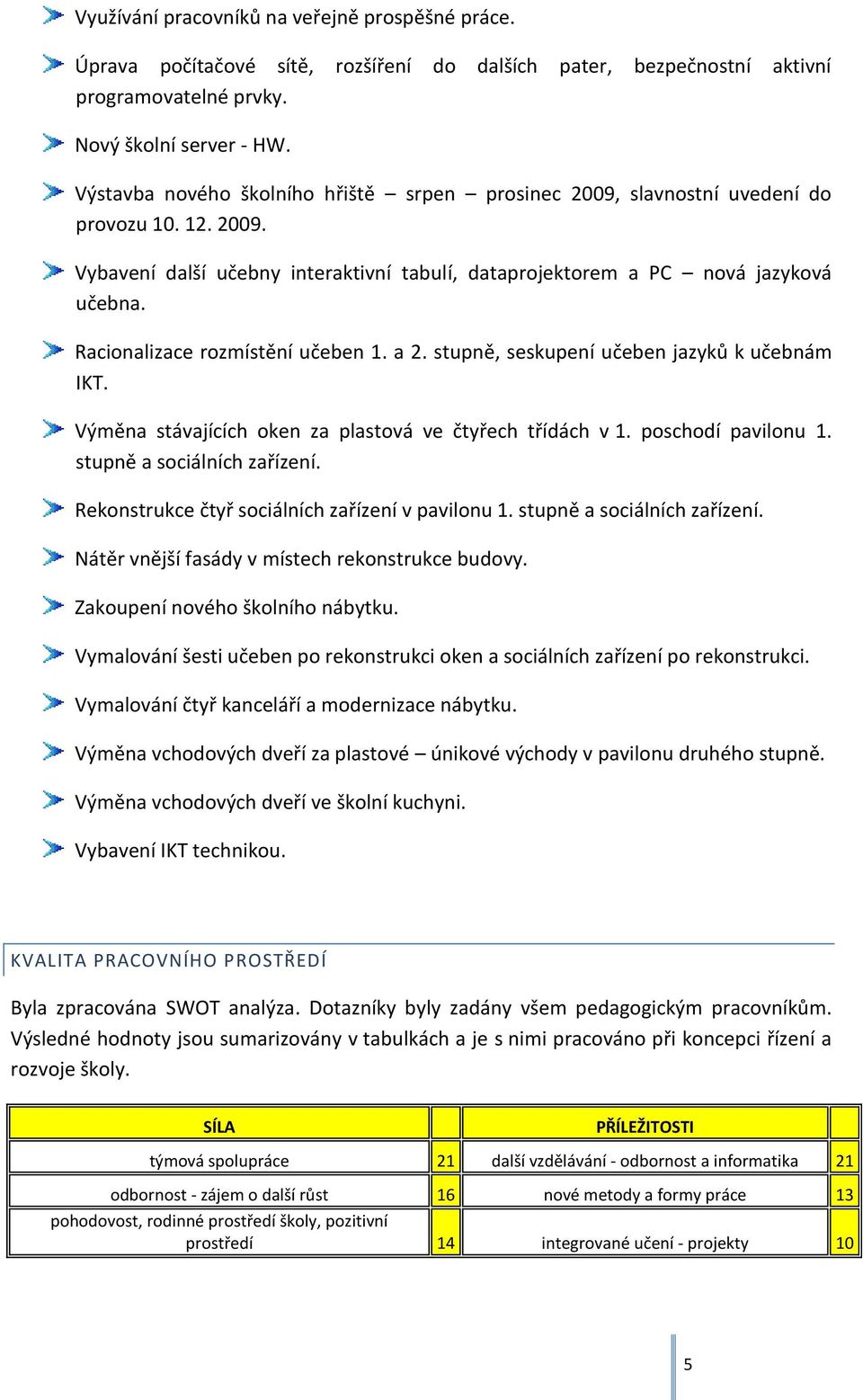 Racionalizace rozmístění učeben 1. a 2. stupně, seskupení učeben jazyků k učebnám IKT. Výměna stávajících oken za plastová ve čtyřech třídách v 1. poschodí pavilonu 1. stupně a sociálních zařízení.