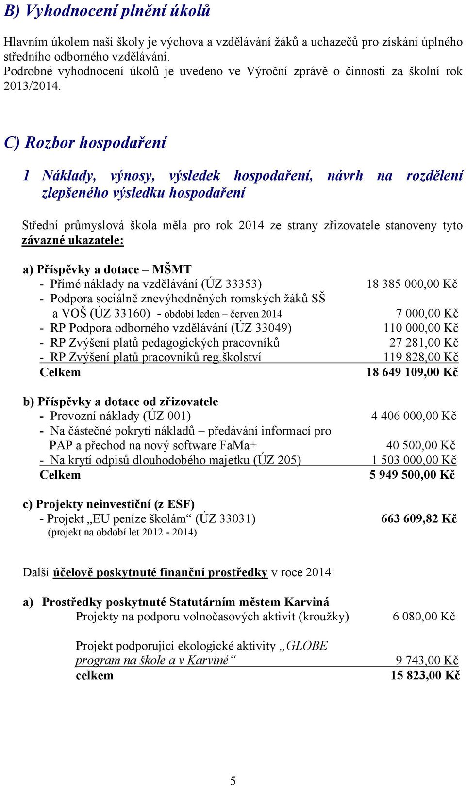 C) Rozbor hospodaření 1 Náklady, výnosy, výsledek hospodaření, návrh na rozdělení zlepšeného výsledku hospodaření Střední průmyslová škola měla pro rok 2014 ze strany zřizovatele stanoveny tyto