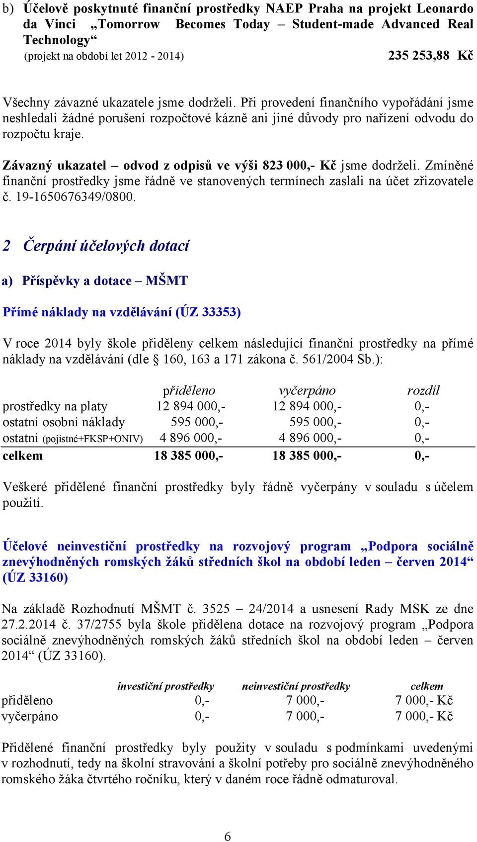 Závazný ukazatel odvod z odpisů ve výši 823 000,- Kč jsme dodrželi. Zmíněné finanční prostředky jsme řádně ve stanovených termínech zaslali na účet zřizovatele č. 19-1650676349/0800.