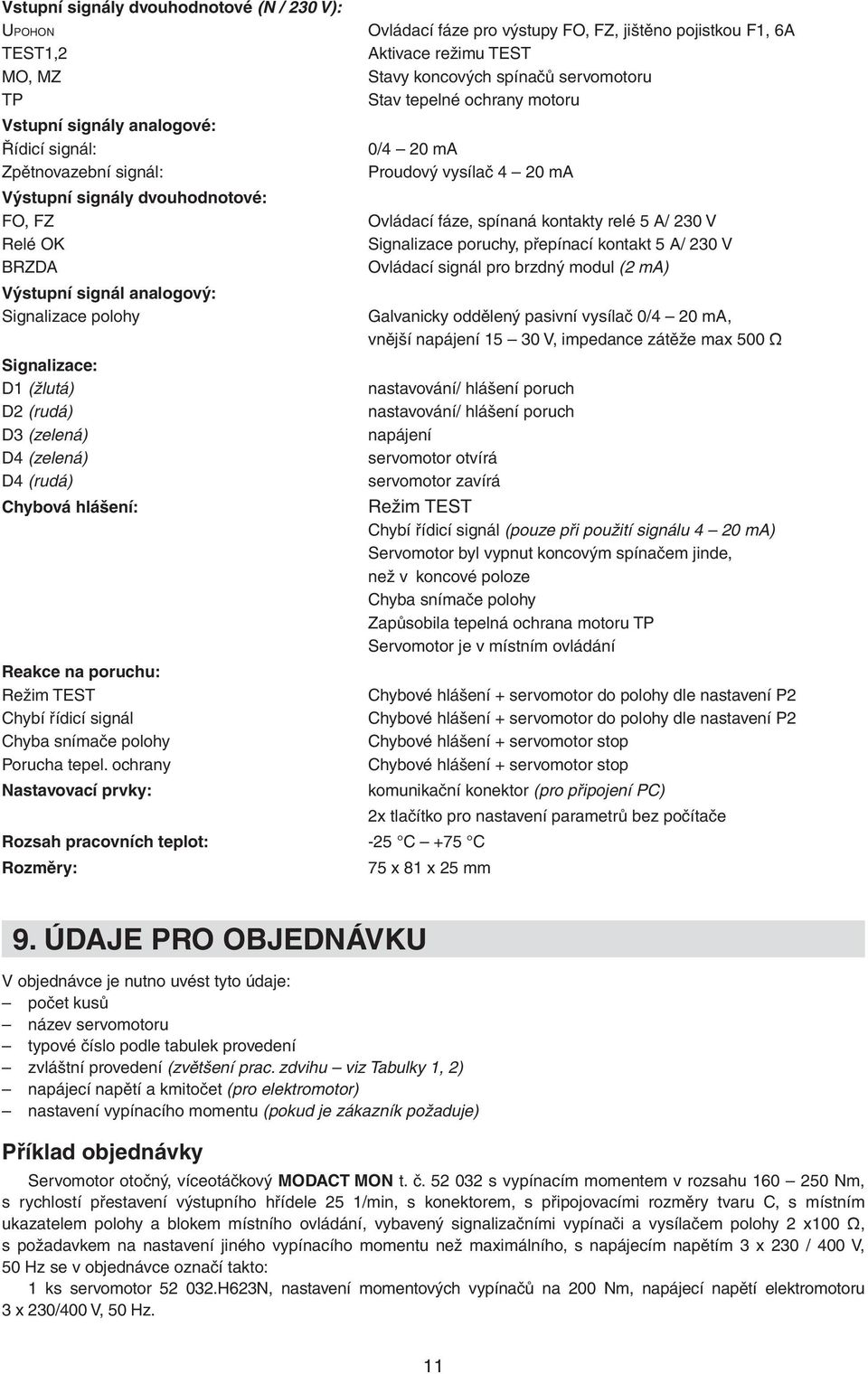 koncových spínačů servomotoru Stav tepelné ochrany motoru 0/ 0 ma Proudový vysílač 0 ma Ovládací fáze, spínaná kontakty relé 5 A/ 30 V Signalizace poruchy, přepínací kontakt 5 A/ 30 V Ovládací signál