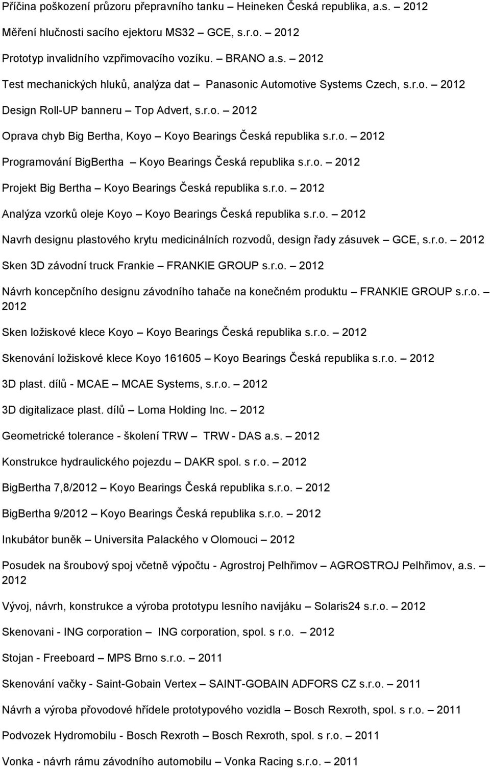 r.o. Analýza vzorků oleje Koyo Koyo Bearings Česká republika s.r.o. Navrh designu plastového krytu medicinálních rozvodů, design řady zásuvek GCE, s.r.o. Sken 3D závodní truck Frankie FRANKIE GROUP s.