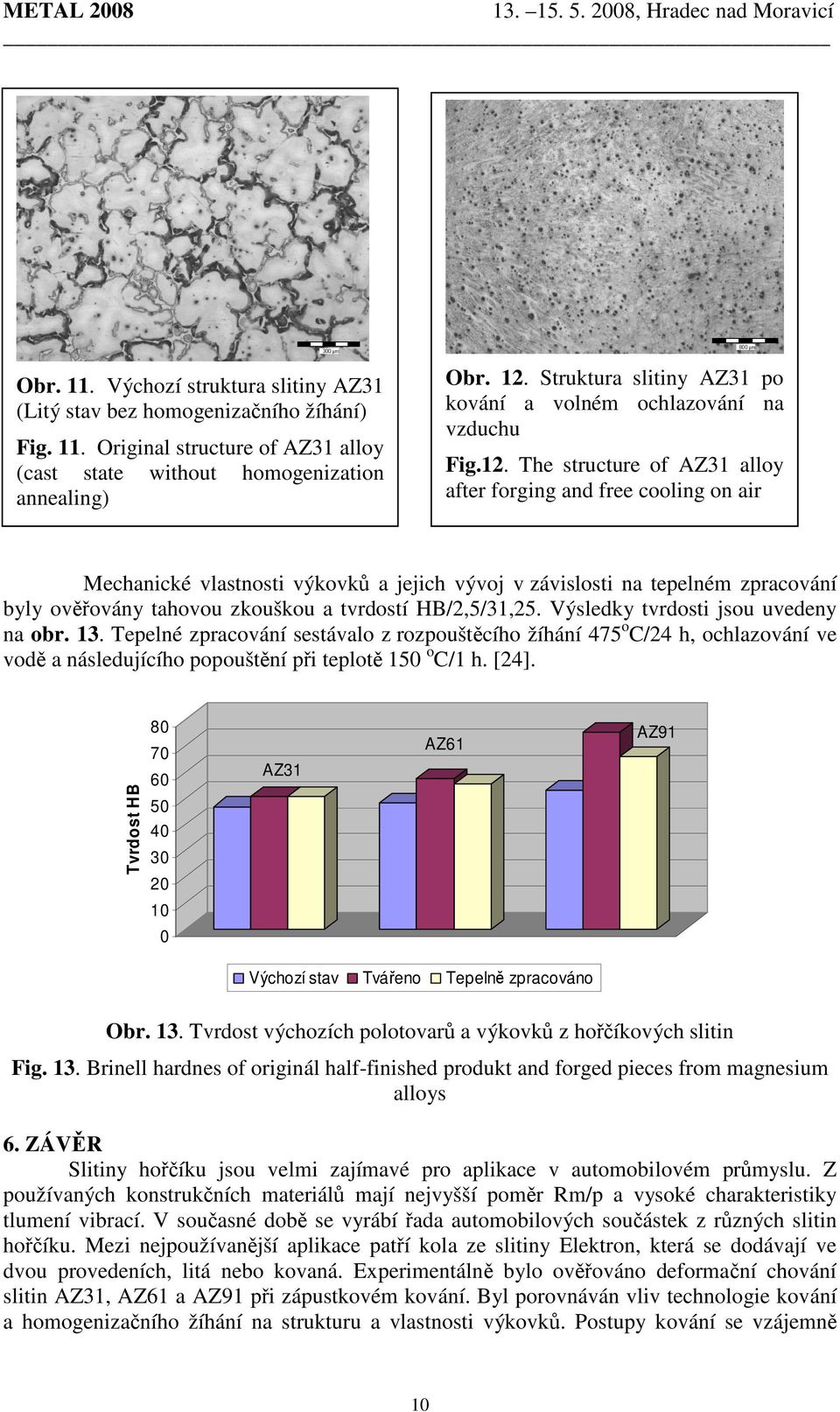 The structure of AZ31 alloy after forging and free cooling on air Mechanické vlastnosti výkovků a jejich vývoj v závislosti na tepelném zpracování byly ověřovány tahovou zkouškou a tvrdostí