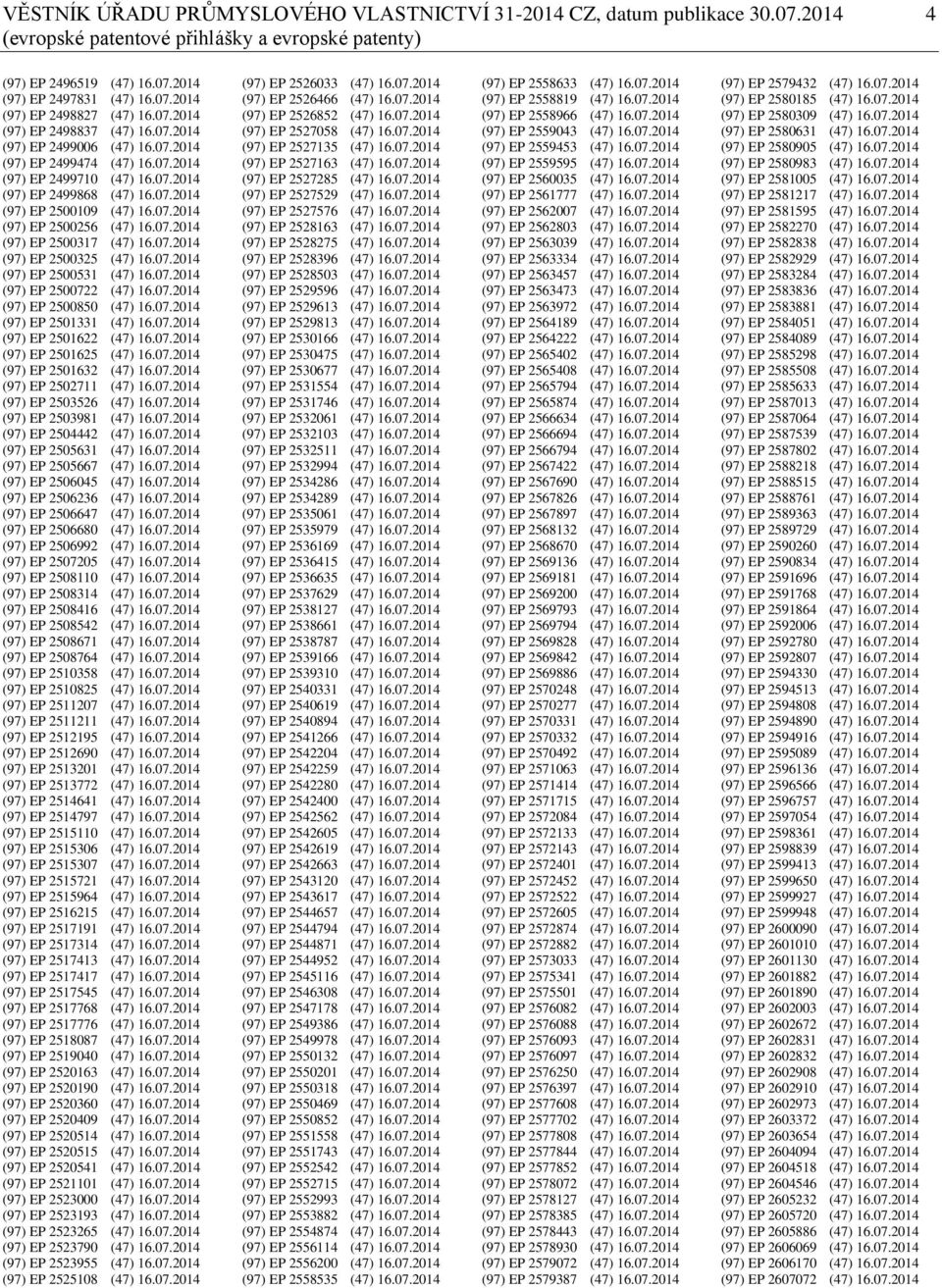 07.2014 (97) EP 2500317 (47) 16.07.2014 (97) EP 2500325 (47) 16.07.2014 (97) EP 2500531 (47) 16.07.2014 (97) EP 2500722 (47) 16.07.2014 (97) EP 2500850 (47) 16.07.2014 (97) EP 2501331 (47) 16.07.2014 (97) EP 2501622 (47) 16.