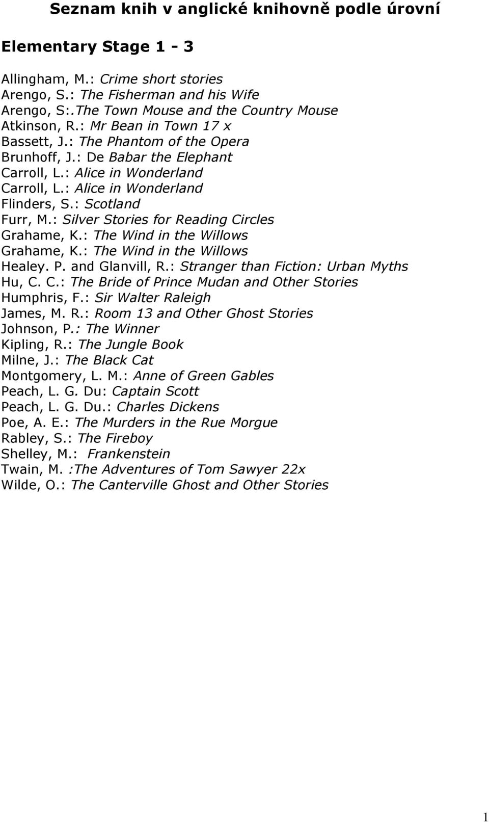 : Silver Stories for Reading Circles Grahame, K.: The Wind in the Willows Grahame, K.: The Wind in the Willows Healey. P. and Glanvill, R.: Stranger than Fiction: Urban Myths Hu, C. C.: The Bride of Prince Mudan and Other Stories Humphris, F.