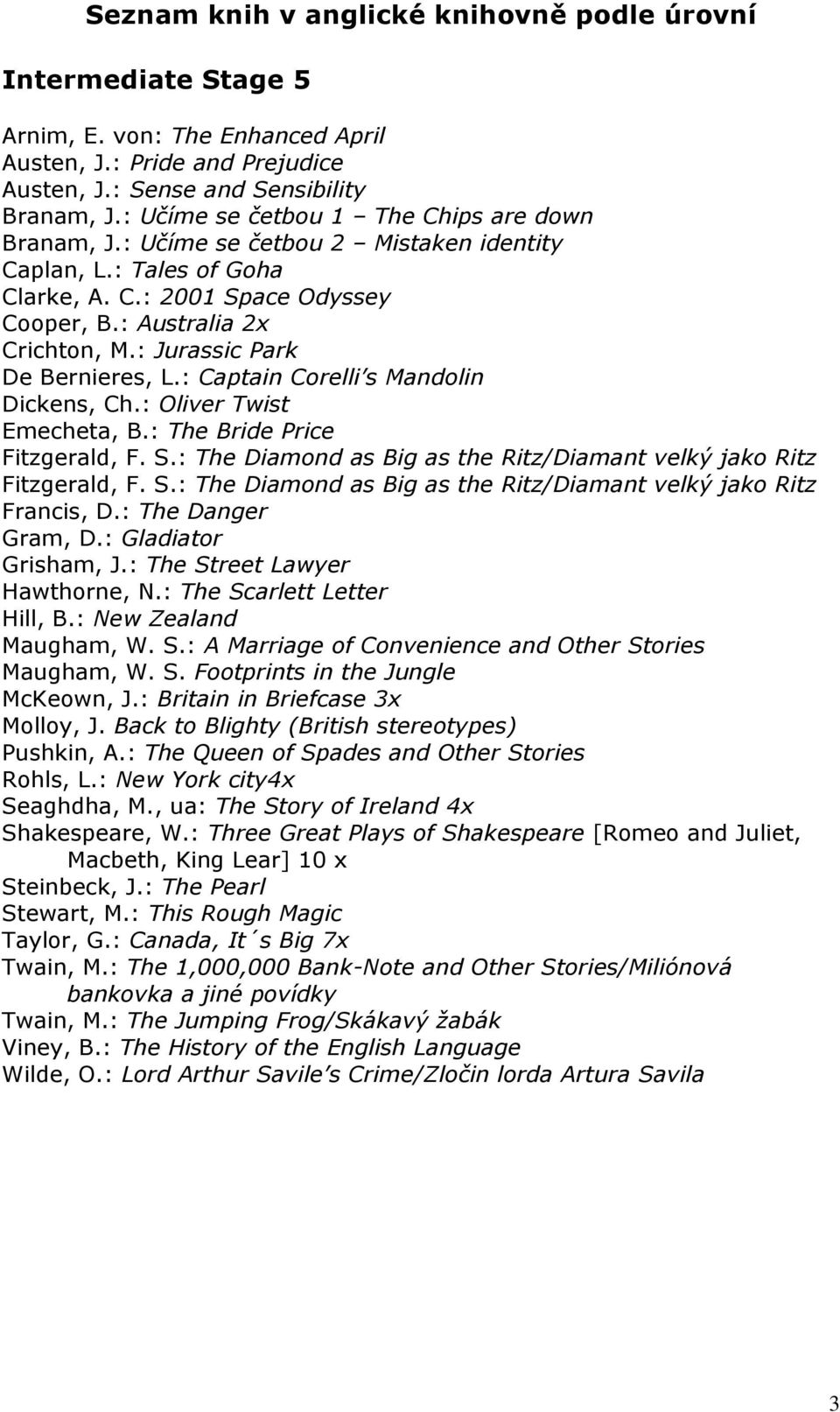 : Captain Corelli s Mandolin Dickens, Ch.: Oliver Twist Emecheta, B.: The Bride Price Fitzgerald, F. S.: The Diamond as Big as the Ritz/Diamant velký jako Ritz Fitzgerald, F. S.: The Diamond as Big as the Ritz/Diamant velký jako Ritz Francis, D.