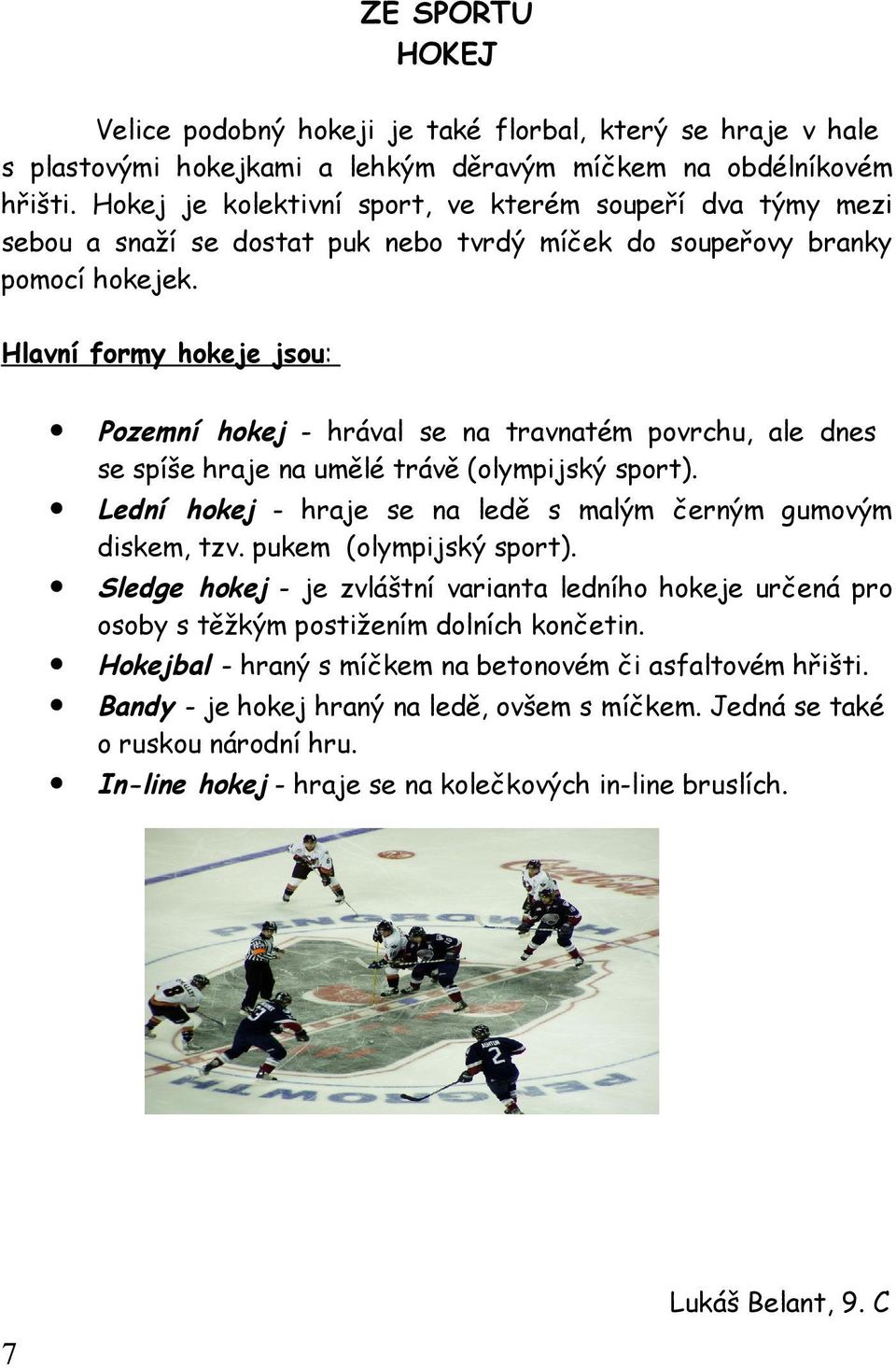 Hlavní formy hokeje jsou: Pozemní hokej - hrával se na travnatém povrchu, ale dnes se spíše hraje na umělé trávě (olympijský sport). Lední hokej - hraje se na ledě s malým černým gumovým diskem, tzv.