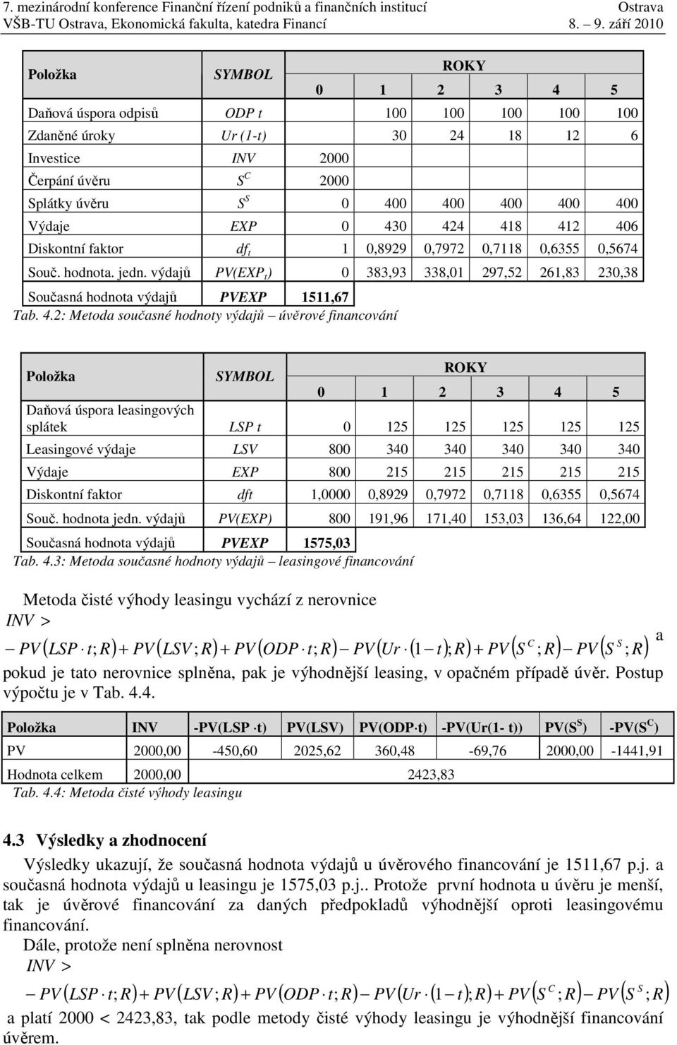 Dskontní faktor df t 0899 0797 078 06355 05674 ouč. hodnota. jedn. výdajů PV(XP t ) 0 38393 3380 975 683 3038 oučasná hodnota výdajů PVXP 567 Tab. 4.