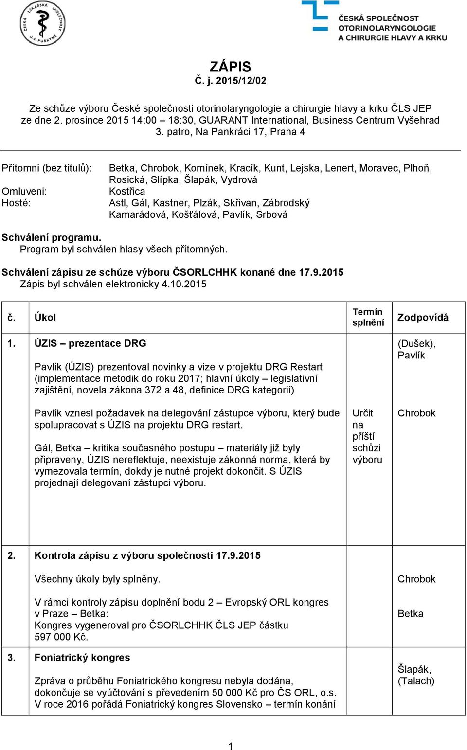 Skřivan, Zábrodský Kamarádová, Košťálová, Pavlík, Srbová Schválení programu. Program byl schválen hlasy všech přítomných. Schválení zápisu ze schůze výboru ČSORLCHHK konané dne 17.9.