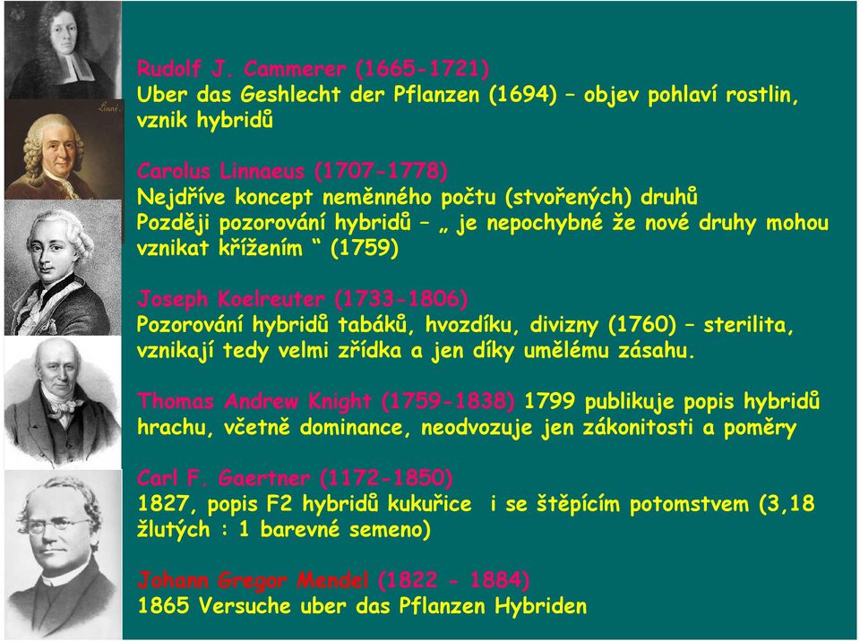 Později pozorování hybridů je nepochybné že nové druhy mohou vznikat křížením (1759) Joseph Koelreuter (1733-1806) Pozorování hybridů tabáků, hvozdíku, divizny (1760) sterilita,