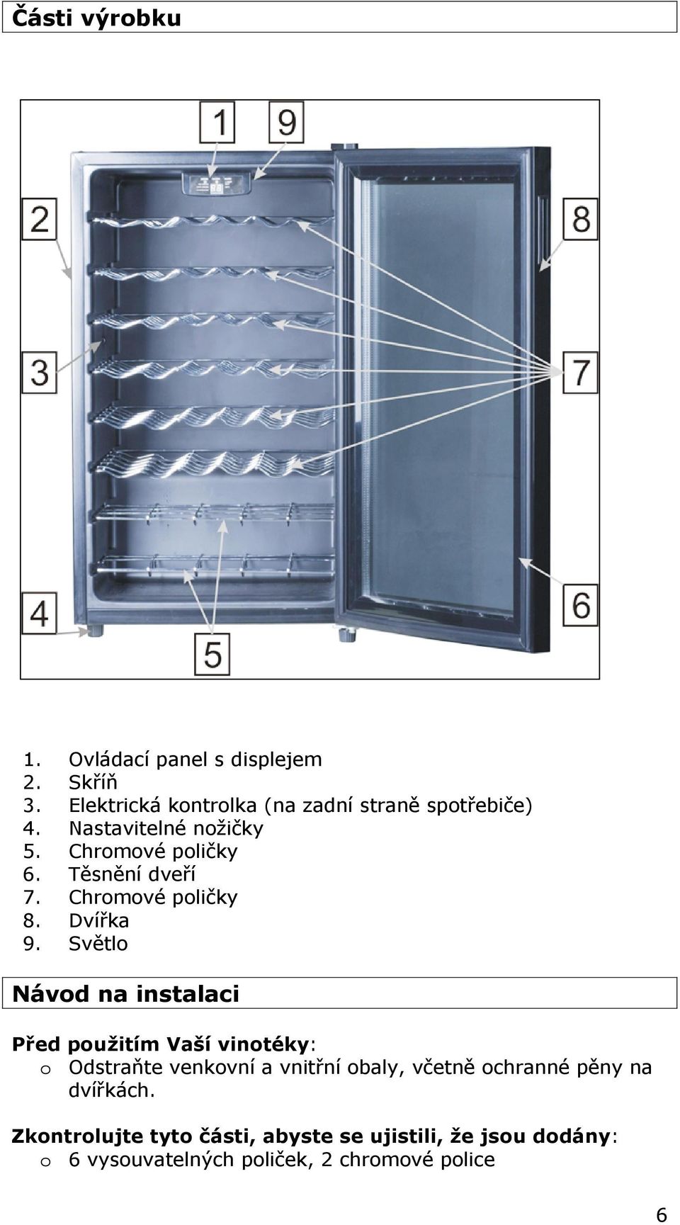 Světlo Návod na instalaci Před použitím Vaší vinotéky: o Odstraňte venkovní a vnitřní obaly, včetně ochranné