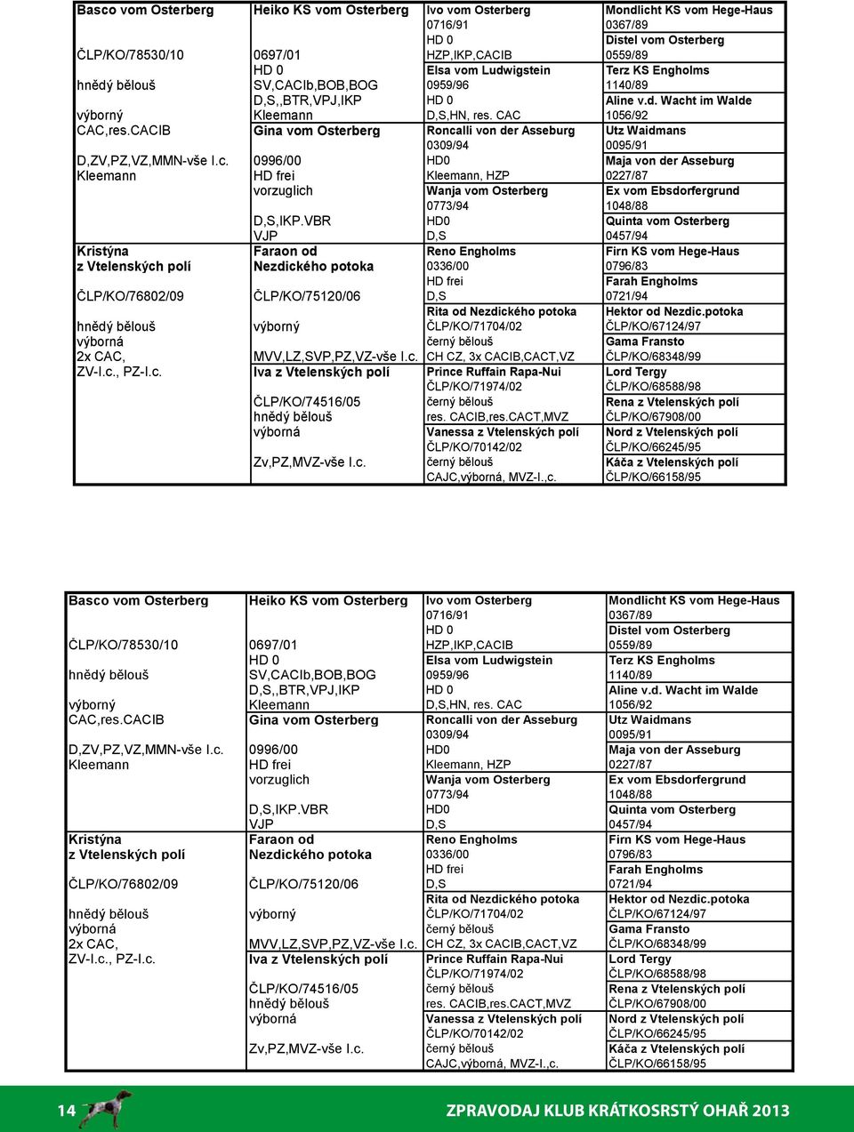 CACIB Gina vom Osterberg Roncalli von der Asseburg Utz Waidmans 0309/94 0095/91 D,ZV,PZ,VZ,MMN-vše I.c. 0996/00 HD0 Maja von der Asseburg Kleemann HD frei Kleemann, HZP 0227/87 vorzuglich Wanja vom Osterberg Ex vom Ebsdorfergrund 0773/94 1048/88 D,S,IKP.