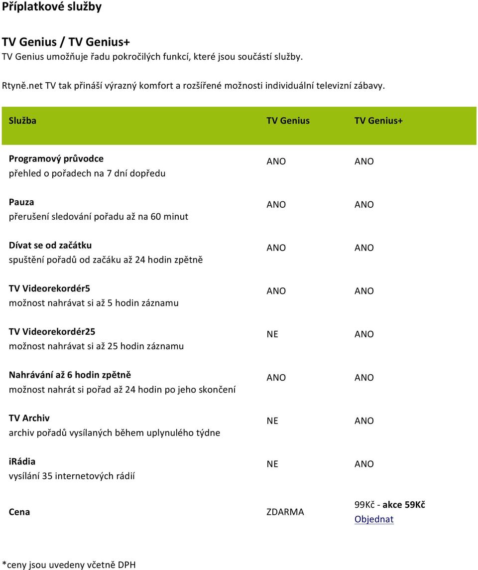 Služba TV Genius TV Genius+ Programový průvodce přehled o pořadech na 7 dní dopředu Pauza přerušení sledování pořadu až na 60 minut Dívat se od začátku spuštění pořadů od začáku až 24 hodin