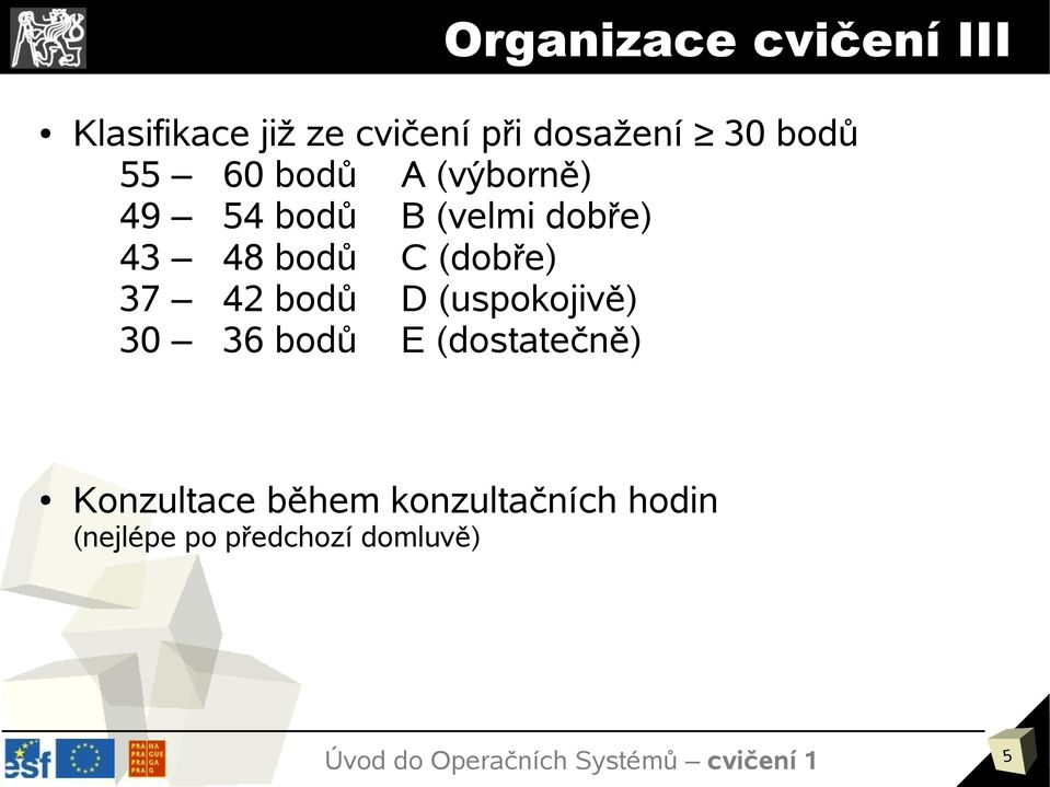 C (dobře) 37 42 bodů D (uspokojivě) 30 36 bodů E (dostatečně)