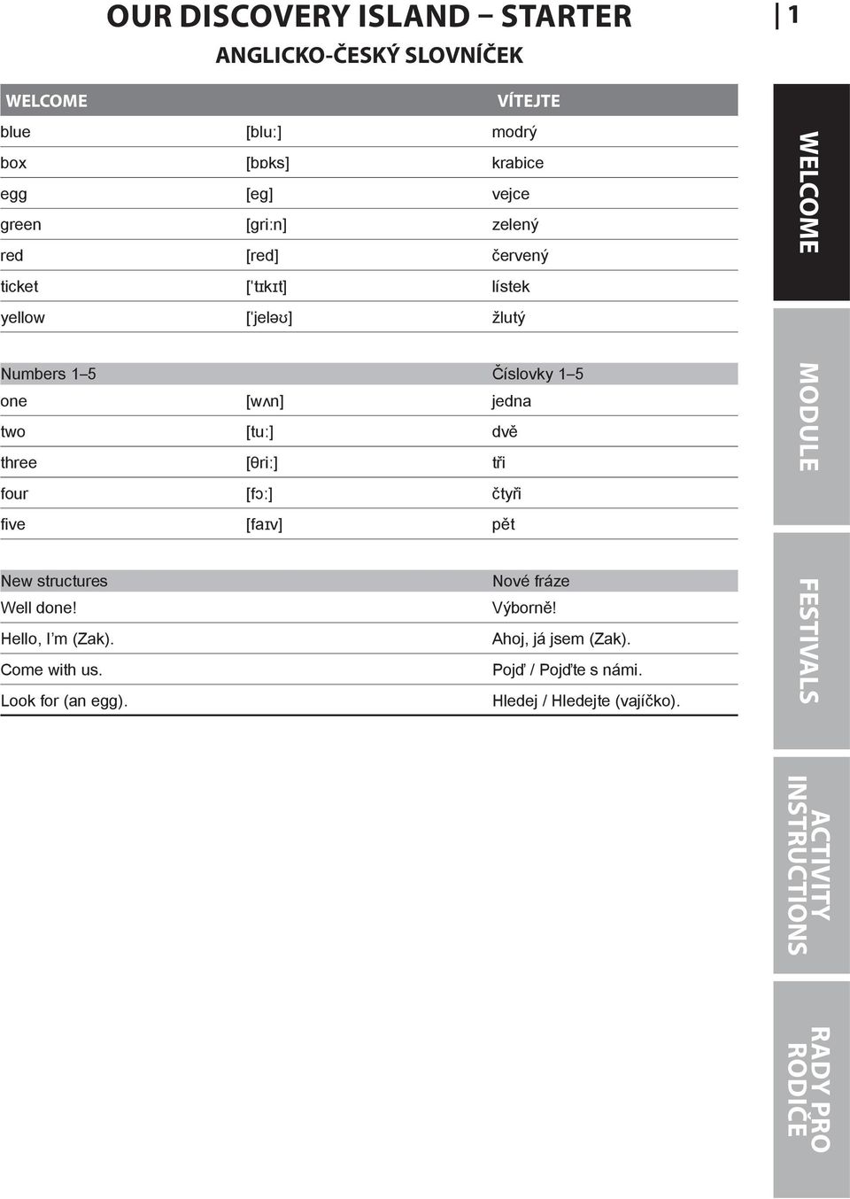 three [θriː] tři MODULE four [fɔː] čtyři fi ve [faɪv] pět Well done! Hello, I m (Zak). Come with us. Look for (an egg).