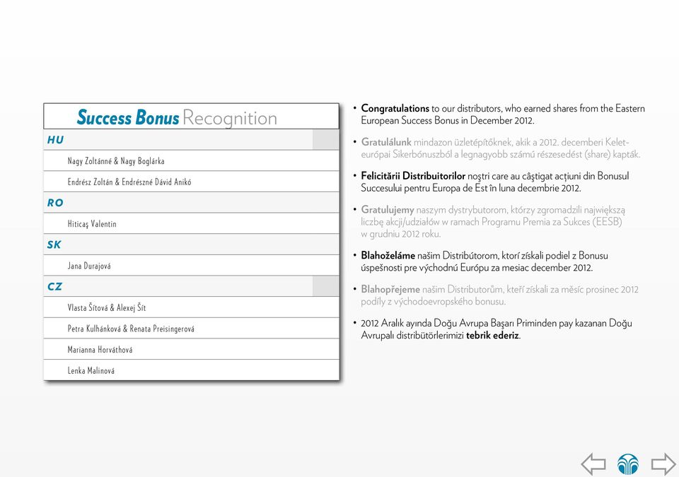 Gratulálunk mindazon üzletépítőknek, akik a 2012. decemberi Keleteurópai Sikerbónuszból a legnagyobb számú részesedést (share) kapták.
