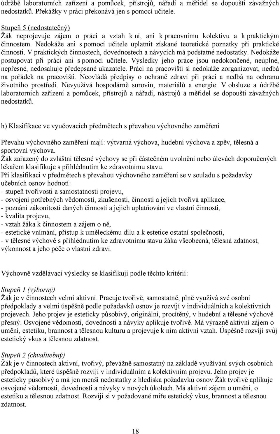 Nedokáže ani s pomocí učitele uplatnit získané teoretické poznatky při praktické činnosti. V praktických činnostech, dovednostech a návycích má podstatné nedostatky.