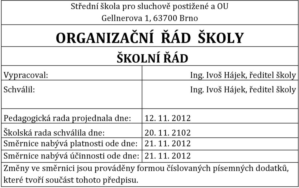 2012 Školská rada schválila dne: 20. 11. 2102 Směrnice nabývá platnosti ode dne: 21. 11. 2012 Směrnice nabývá účinnosti ode dne: 21.