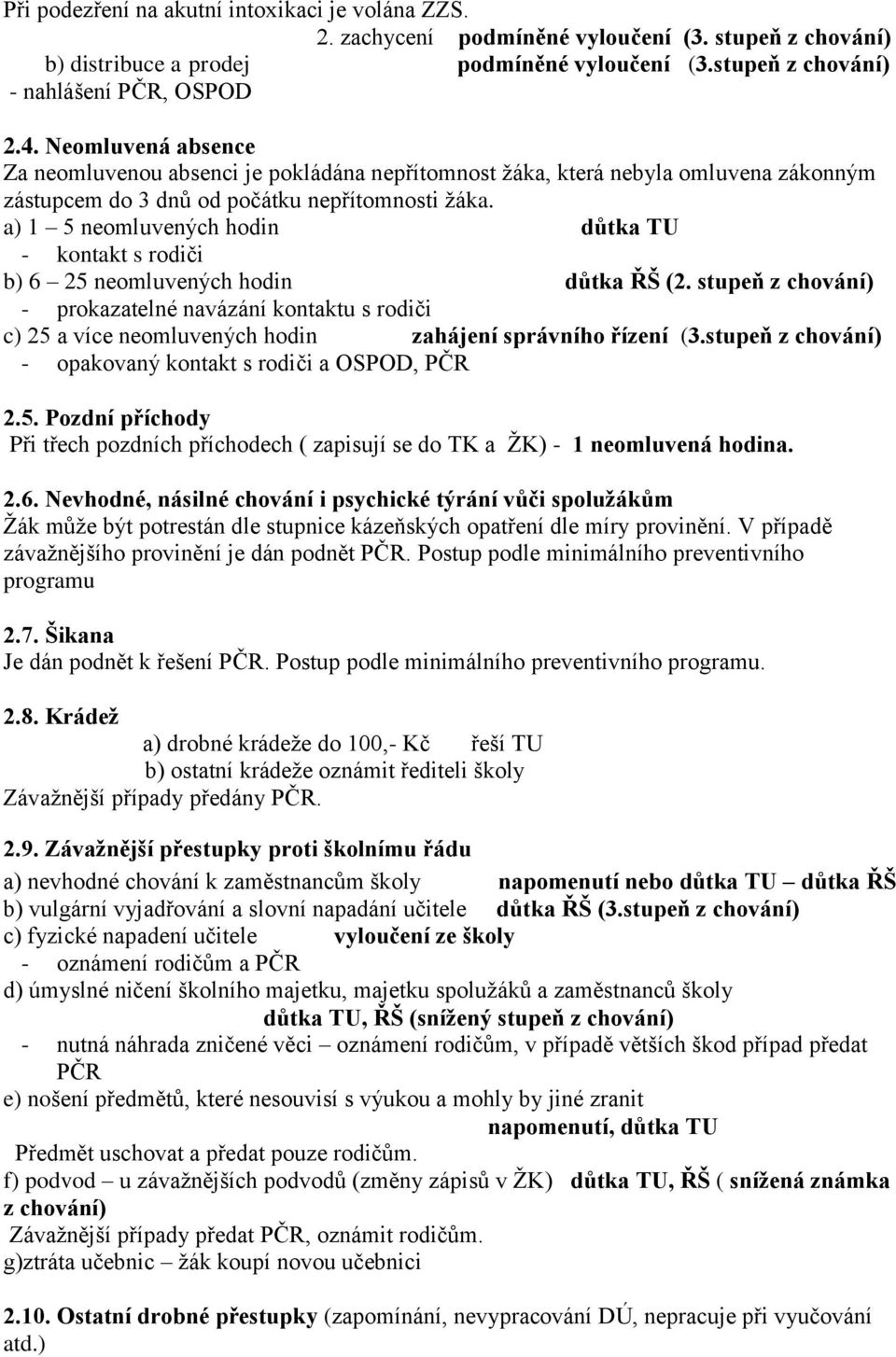 a) 1 5 neomluvených hodin důtka TU - kontakt s rodiči b) 6 25 neomluvených hodin důtka ŘŠ (2.