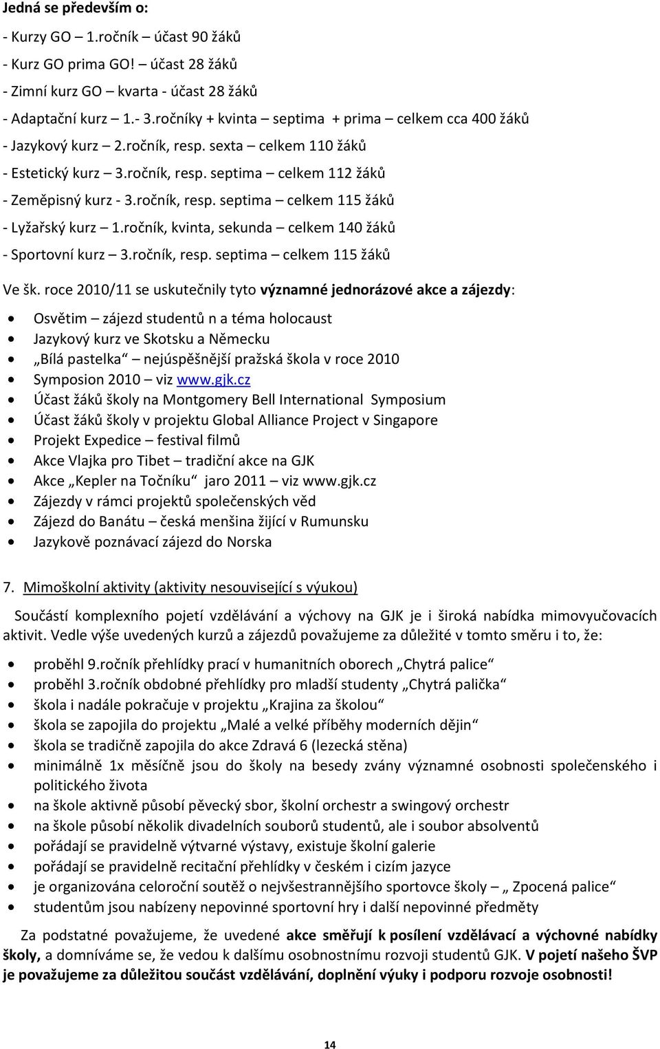 ročník, kvinta, sekunda celkem 140 žáků - Sportovní kurz 3.ročník, resp. septima celkem 115 žáků Ve šk.