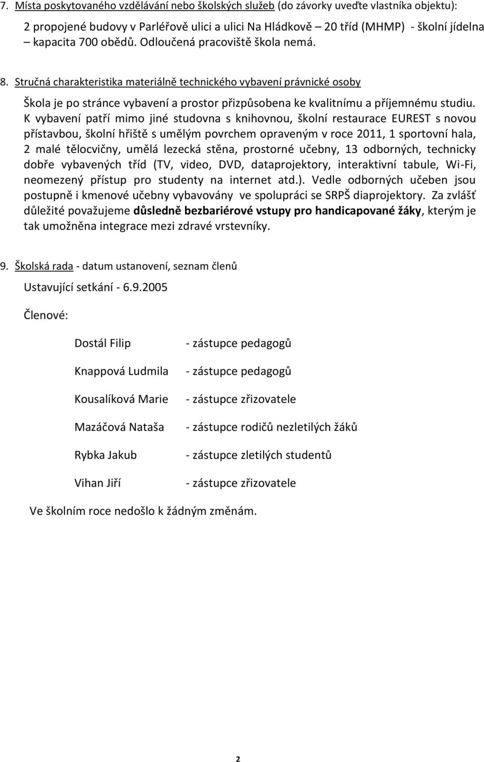 Stručná charakteristika materiálně technického vybavení právnické osoby Škola je po stránce vybavení a prostor přizpůsobena ke kvalitnímu a příjemnému studiu.