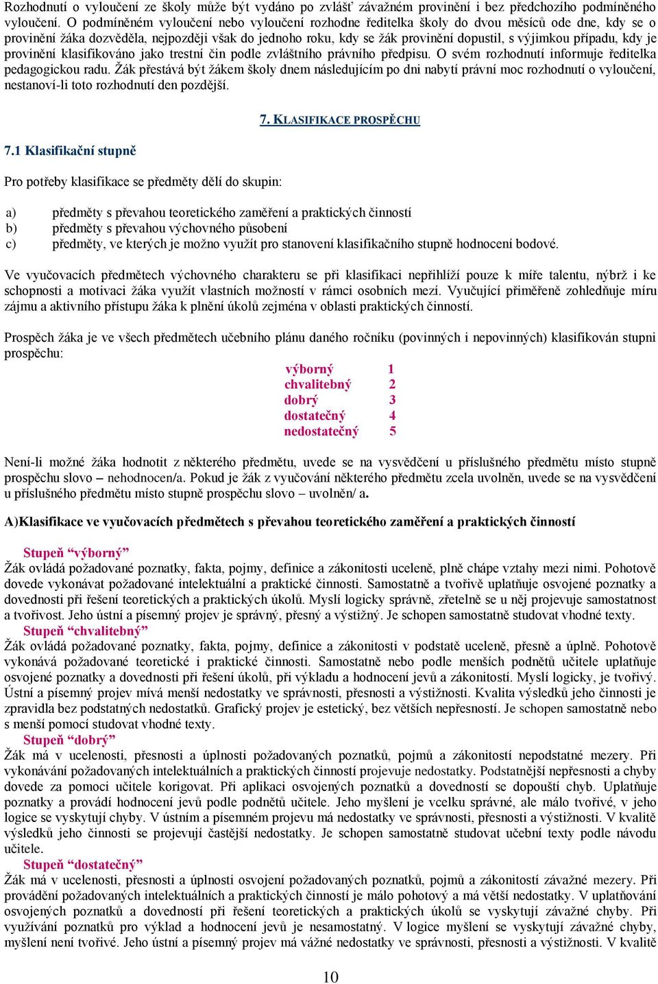 případu, kdy je provinění klasifikováno jako trestní čin podle zvláštního právního předpisu. O svém rozhodnutí informuje ředitelka pedagogickou radu.